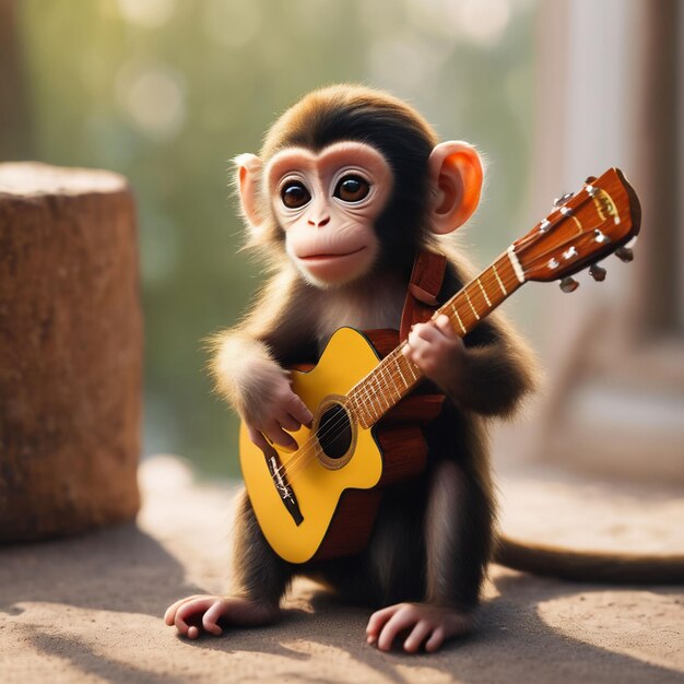 Zdjęcie piękna małpka grająca na gitarze.