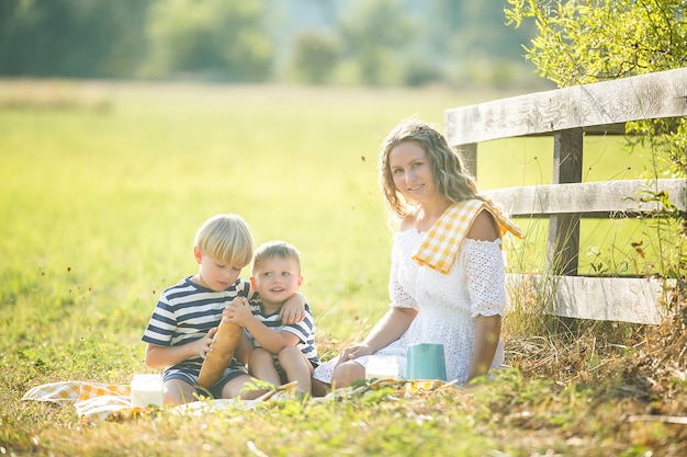 Piękna mama i jej synowie na pikniku