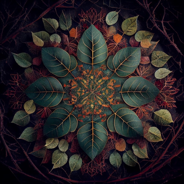 Piękna mandala wykonana z liści i roślin tła