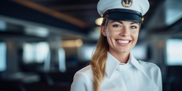 Piękna marynarka, członkini załogi statku wycieczkowego lub dużego jachtu, uśmiecha się i jest pełna inspiracji