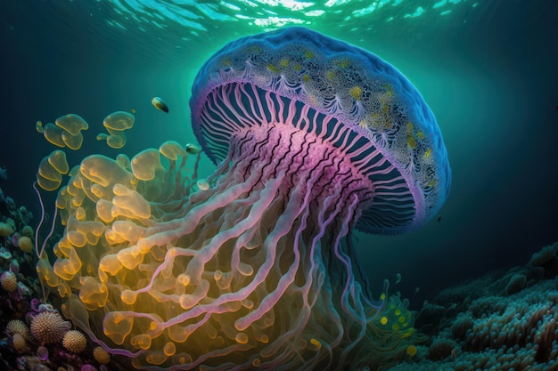 Piękna meduza matka wody i wyszukane hermatypowe koralowce morskie różnych gatunków pod powierzchnią morza