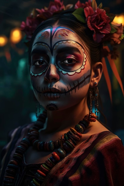 Piękna meksykańska dziewczyna z dniem zmarłych tworzy catrina dia de los muertos tradycyjną generatywną sztuczną inteligencję
