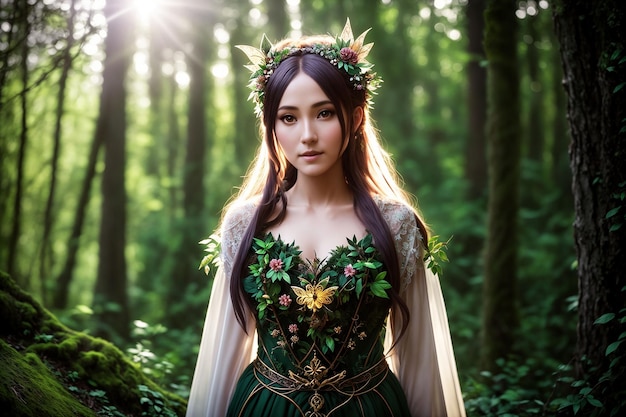 Zdjęcie piękna mieszkanka lasu mityczna postać z baśni i fantasy nimfa wróżka najada generacyjna ai