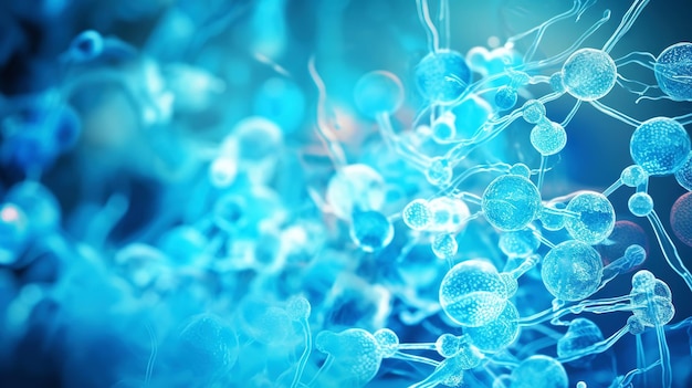 Piękna mikroskopia elektroniczna bakterii grzybów fantastyczna mikrobiologia w niebieskich odcieniach Generatywna sztuczna inteligencja