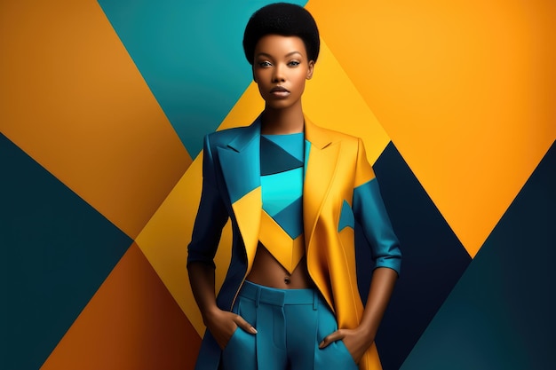 Piękna młoda afroamerykańska dziewczyna w modnych ubraniach pozująca na kolorowym tle Generatywna sztuczna inteligencja