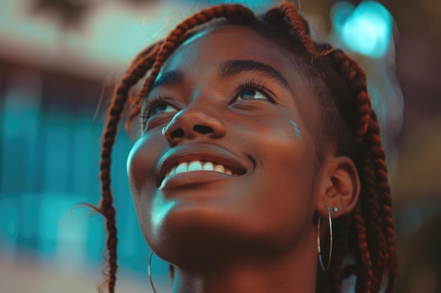Piękna młoda afroamerykańska kobieta uśmiechająca się w portretie z bliska