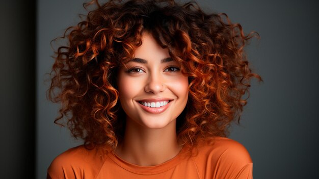 Piękna młoda afroamerykańska kobieta z kręconymi włosami uśmiecha się do kamery