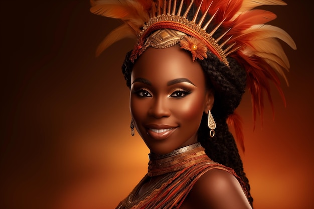 Piękna młoda afrykańska księżniczka uśmiecha się z naszyjnikami i piórami na głowie na ciepłym tle