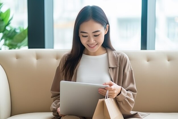 Piękna młoda Azjatka korzystająca z laptopa lub inteligentnego telefonu komórkowego do zakupów online na kanapie