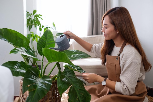 Piękna młoda azjatycka kobieta pielęgnująca i podlewająca rośliny doniczkowe konewką w domu
