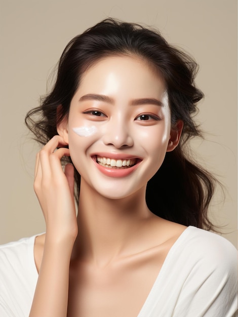 Piękna młoda azjatycka kobieta stosująca krem do twarzy świeże kosmetyki kosmetyczne i zabiegi na twarz