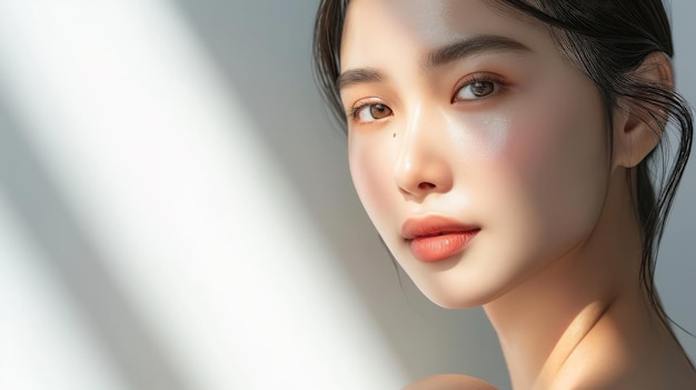 Piękna młoda azjatycka kobieta z czystą, świeżą skórą na białym tle Pielęgnacja twarzy Zabiegi na twarz Kosmetologia uroda i spa Portret azjatyckich kobiet