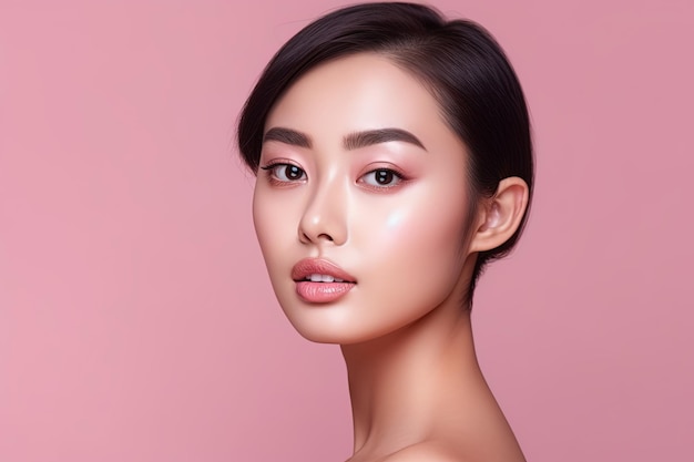 Piękna młoda azjatycka kobieta z czystą, świeżą skórą na różowym tle Pielęgnacja twarzy Zabieg na twarz C