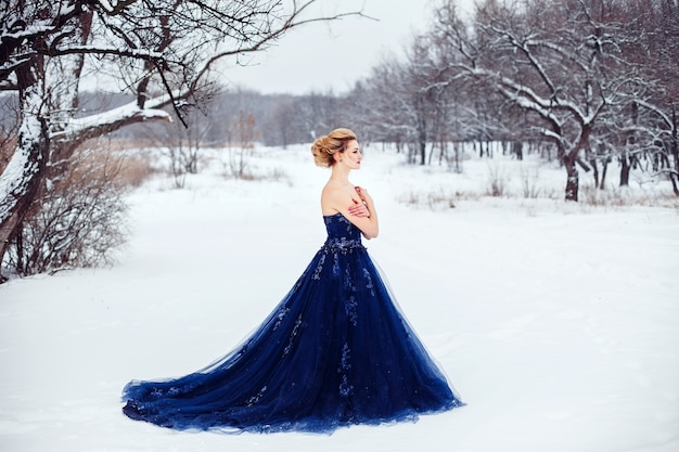 Piękna młoda blond kobieta w bujnej niebieskiej sukience pozuje w śnieżnym zimowym parku
