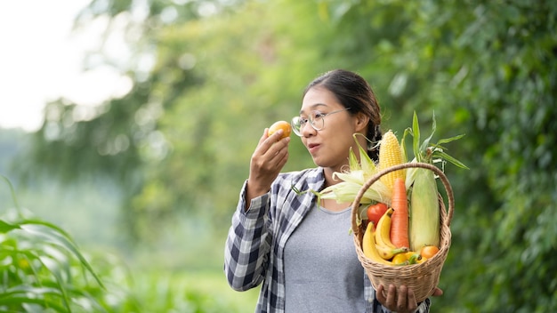 Piękna młoda brunetka Portret kobiety Farmer ręka trzyma warzywa w bambusowym koszu na zielono