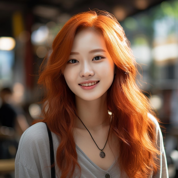 Piękna młoda chińska dziewczyna z czerwonymi kręconymi włosami uśmiecha się do kamery