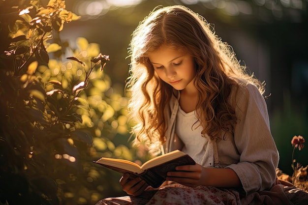 Zdjęcie piękna młoda dziewczyna czytająca książkę sama zanurzona w świecie literatury w łagodnym świetle słońca