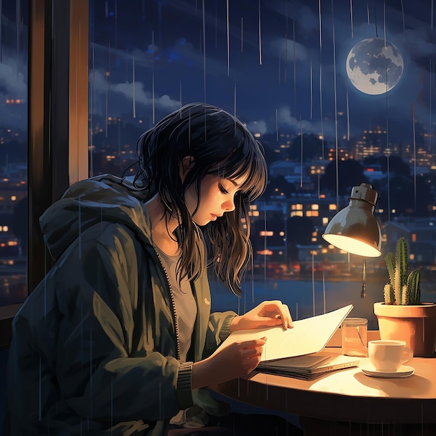 Piękna młoda dziewczyna Lofi studiuje podczas słuchania muzyki z deszczem na zewnątrz