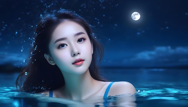 Piękna młoda dziewczyna pływająca w bioluminescencyjnej wodzie o północy