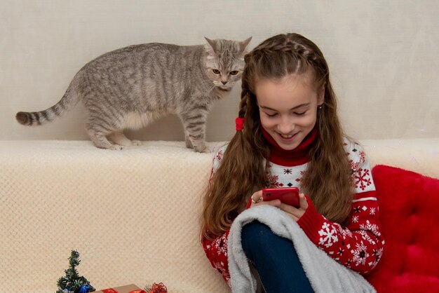 Piękna młoda dziewczyna siedzi na kanapie i patrzy na telefon. Obok laptopa do kota brytyjskiego. Boże Narodzenie. Nowy Rok.