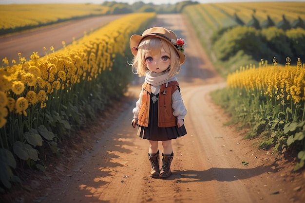 Piękna młoda dziewczyna w stylu kreskówki w środku ścieżki pełnej żółtych kwiatów