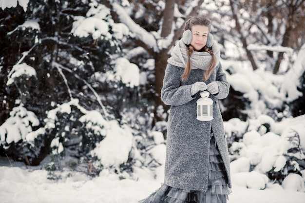 Piękna młoda dziewczyna w zimy mienia lasowej dekoraci