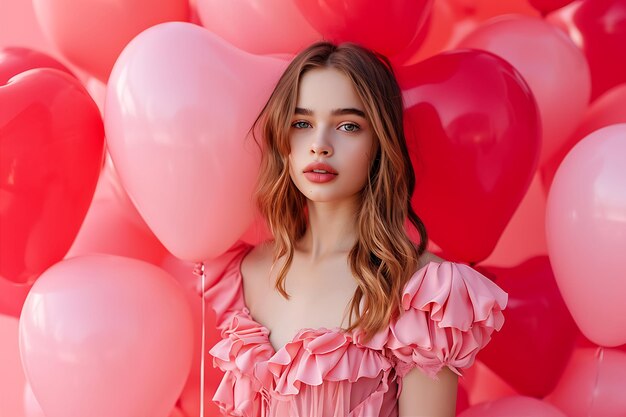Piękna młoda dziewczyna z balonami na różowym sercu