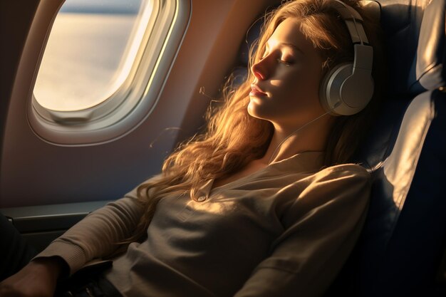 Piękna młoda dziewczyna z czerwonymi włosami na siedzeniu w kabinie samolotu śpiąca na słońcu oświetlającym jej twarz