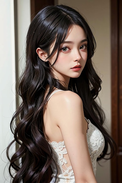 Piękna młoda dziewczyna z długimi czarnymi włosami HD fotografia tapeta tło