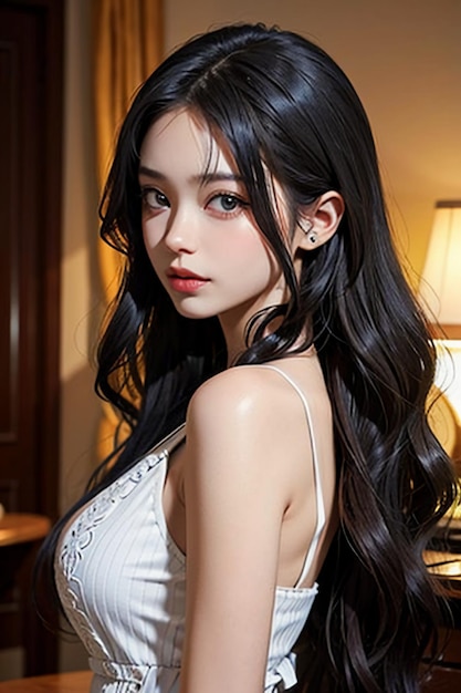 Piękna młoda dziewczyna z długimi czarnymi włosami HD fotografia tapeta tło
