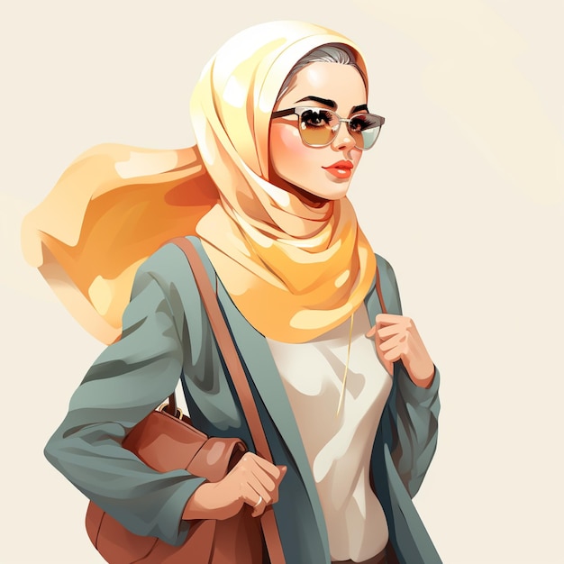Piękna młoda dziewczyna z hidżabem w okularach przeciwsłonecznych chodzi z torbami na tle