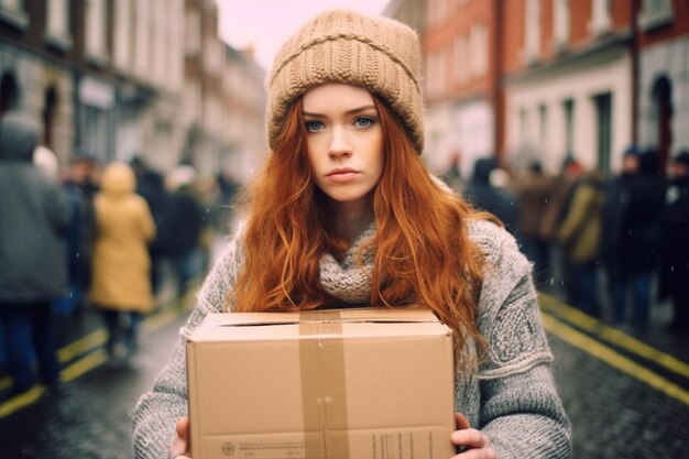 Zdjęcie piękna młoda irlandzka trzymająca skrzynię na ulicy.