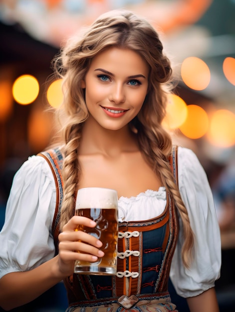 Piękna młoda kelnerka z kubkiem piwa na Oktoberfesti