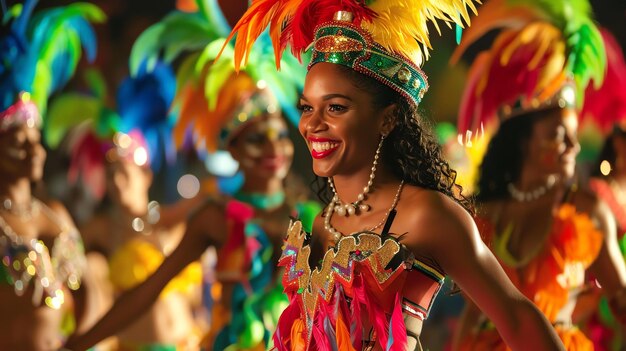 Zdjęcie piękna młoda kobieta afrykańskiego pochodzenia z długimi czarnymi włosami i jasnym uśmiechem tańczy na karnawale