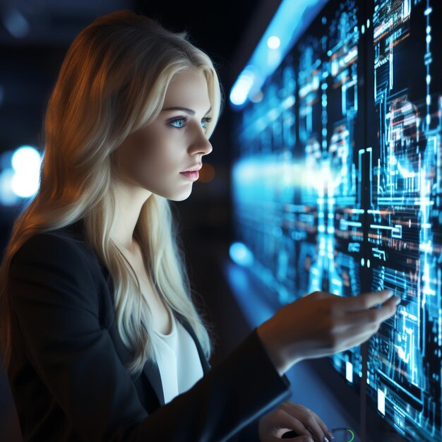 Zdjęcie piękna młoda kobieta analizująca dane komputerowe