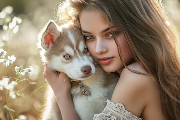 Zdjęcie piękna młoda kobieta bawiąca się z szczeniakiem pies bawi się w parku zwierzęciem