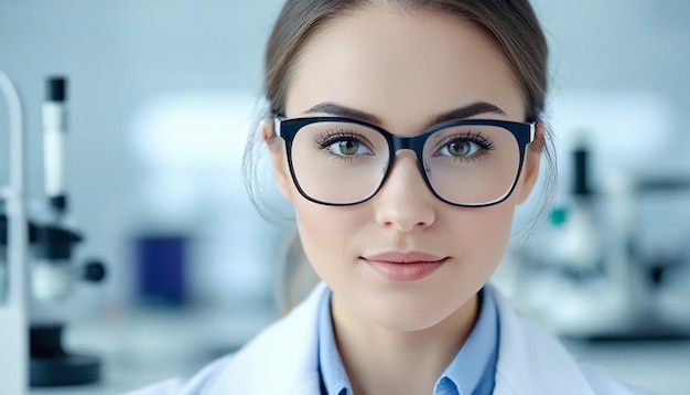 Piękna młoda kobieta lekarz pielęgniarka pracownik szpitala laboratorium naukowe biały płaszcz i okulary