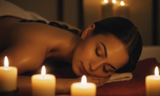 Piękna młoda kobieta leżąca na łóżku masażowym w salonie spa relaksująca atmosfera kwiaty świece