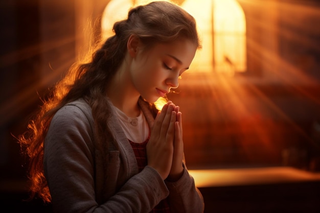 Piękna młoda kobieta modli się o zachodzie słońca zbliżenie