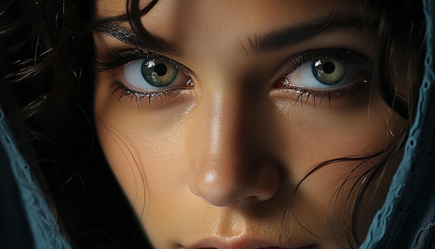 Piękna młoda kobieta o brązowych włosach wpatrująca się w kamerę generowaną przez sztuczną inteligencję