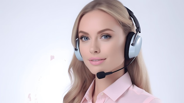 Piękna młoda kobieta operator call center w słuchawkach z mikrofonem