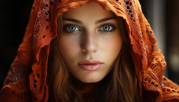 Zdjęcie piękna młoda kobieta patrząca w kamerę z zaufaniem generowanym przez sztuczną inteligencję