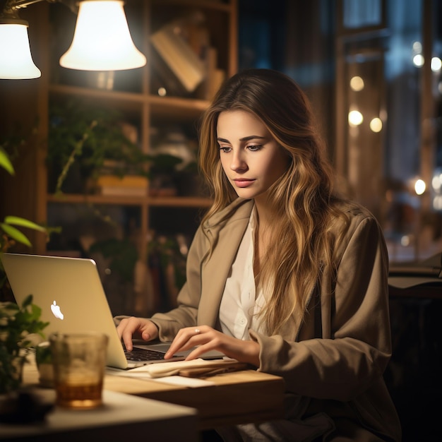 Piękna młoda kobieta pracuje na laptopie zarządzając swoim biznesem