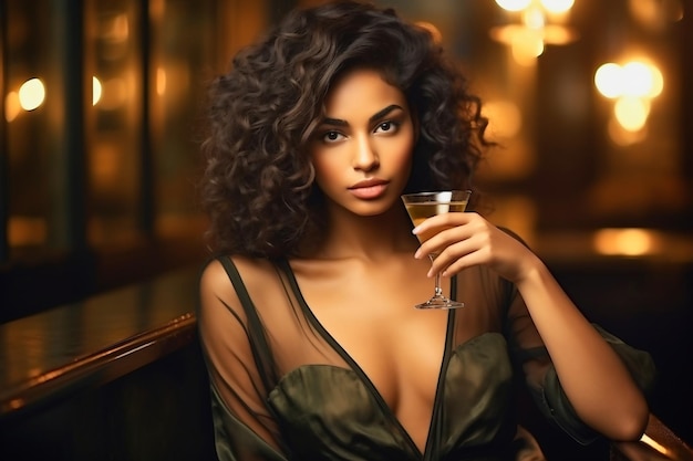 Piękna młoda kobieta siedzi w barze ze szklanką whisky w luksusowym wnętrzu Niewyraźne tło Kobieta relaksuje się w barze ze szklanką