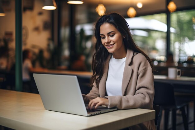 Piękna młoda kobieta siedzi w kawiarni i pracuje na laptopie.