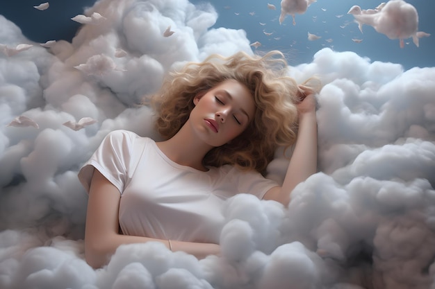 Piękna młoda kobieta śpi na chmurze jak w łóżku