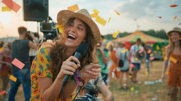 Zdjęcie piękna młoda kobieta śpiewa na festiwalu muzycznym. ma na sobie słomkowy kapelusz i kolorową sukienkę.