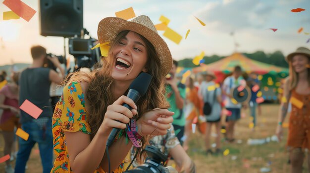 Piękna młoda kobieta śpiewa na festiwalu muzycznym. Ma na sobie słomkowy kapelusz i kolorową sukienkę.