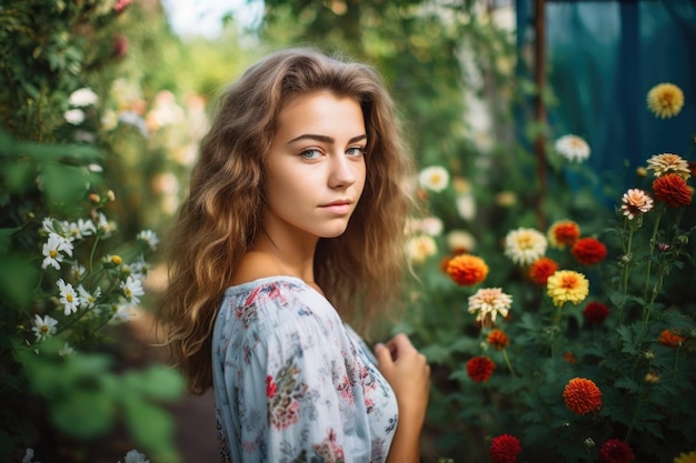Piękna młoda kobieta stojąca w swoim ogrodzie stworzonym za pomocą generatywnej sztucznej inteligencji
