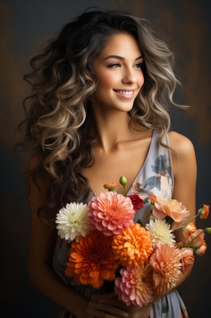 Zdjęcie piękna młoda kobieta trzymająca bukiet kolorowych kwiatów generatywna sztuczna inteligencja